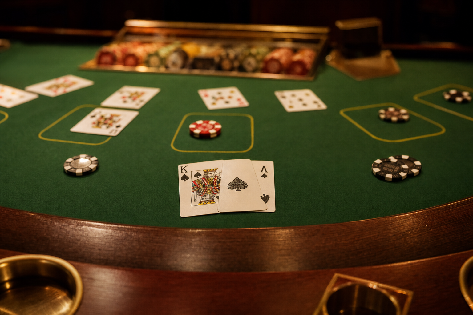 Close-up of a green-baize blackjack table with playing cards and casino chips under soft warm light.